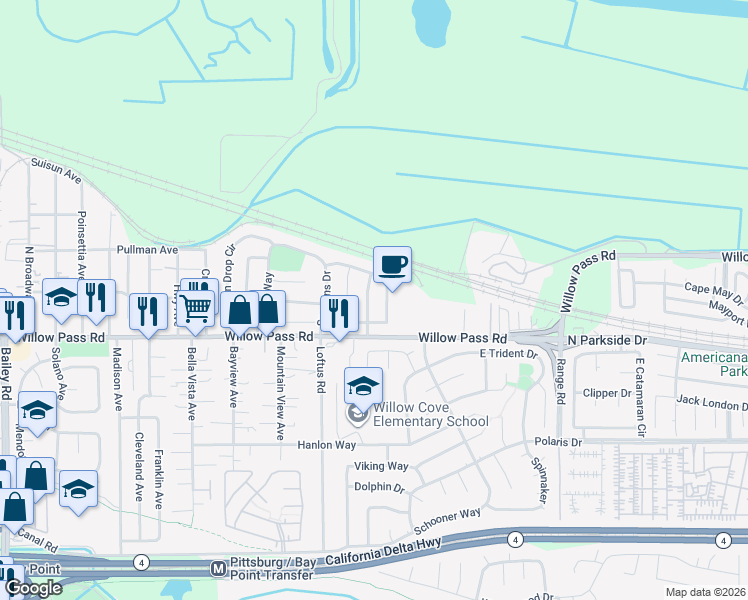 map of restaurants, bars, coffee shops, grocery stores, and more near 1185 Red Leaf Way in Pittsburg