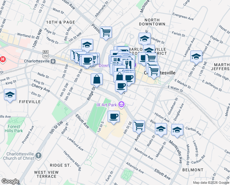 map of restaurants, bars, coffee shops, grocery stores, and more near 105-111 Monticello Ave in Charlottesville