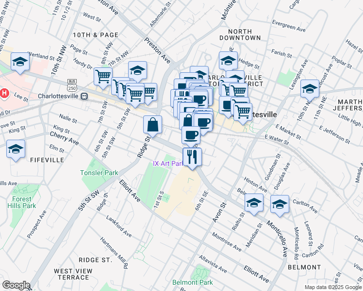 map of restaurants, bars, coffee shops, grocery stores, and more near 105 Monticello Avenue in Charlottesville
