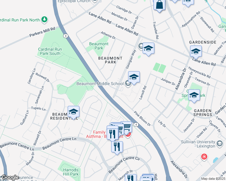 map of restaurants, bars, coffee shops, grocery stores, and more near 2135 Georgian Way in Lexington