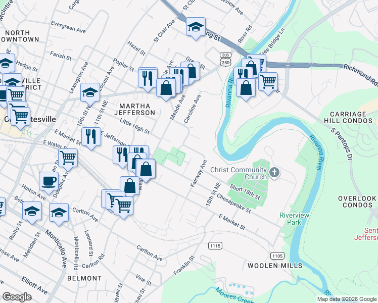 map of restaurants, bars, coffee shops, grocery stores, and more near 413 Fairway Avenue in Charlottesville