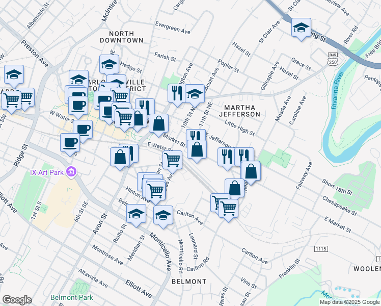 map of restaurants, bars, coffee shops, grocery stores, and more near 1018 East Market Street in Charlottesville