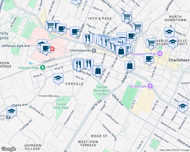 map of restaurants, bars, coffee shops, grocery stores, and more near 701 Cherry Avenue in Charlottesville