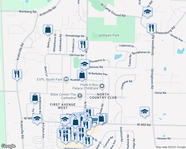 map of restaurants, bars, coffee shops, grocery stores, and more near 706 West Berkeley Avenue in Evansville