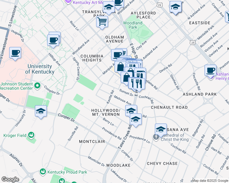 map of restaurants, bars, coffee shops, grocery stores, and more near 608 Kastle Road in Lexington