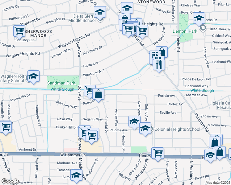 map of restaurants, bars, coffee shops, grocery stores, and more near 2155 Portola Avenue in Stockton