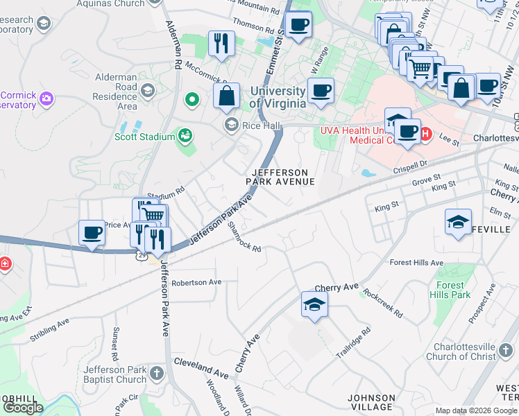 map of restaurants, bars, coffee shops, grocery stores, and more near 1800 Jefferson Park Avenue in Charlottesville