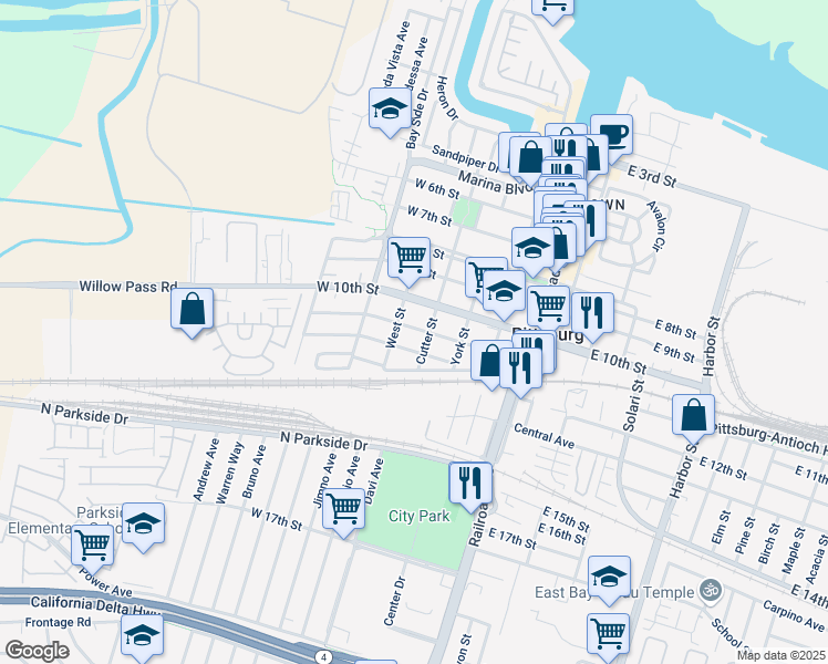 map of restaurants, bars, coffee shops, grocery stores, and more near 253 West 11th Street in Pittsburg