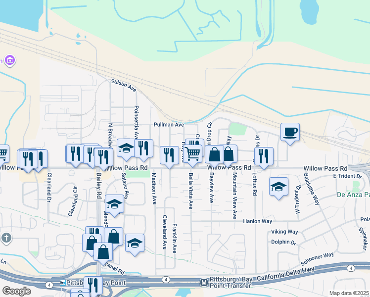map of restaurants, bars, coffee shops, grocery stores, and more near 125 Siino Avenue in Bay Point