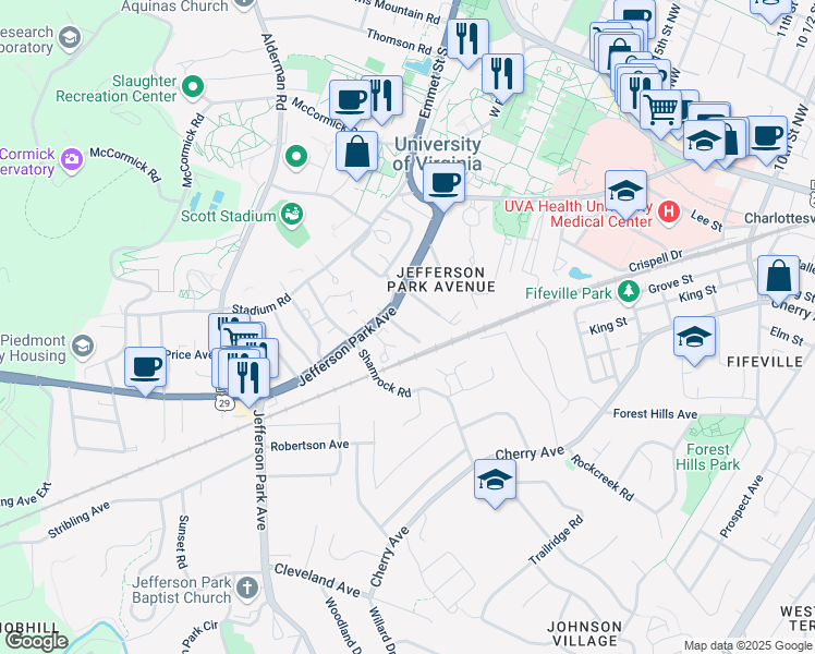 map of restaurants, bars, coffee shops, grocery stores, and more near 110 Kent Terrace in Charlottesville