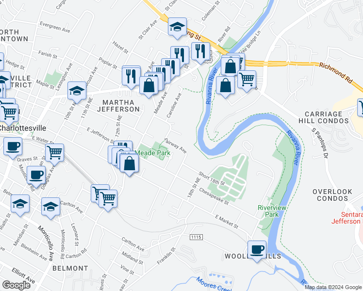 map of restaurants, bars, coffee shops, grocery stores, and more near 406 Fairway Avenue in Charlottesville