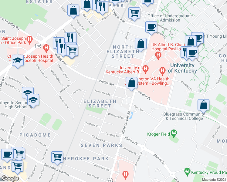 map of restaurants, bars, coffee shops, grocery stores, and more near 1360 Elizabeth Street in Lexington