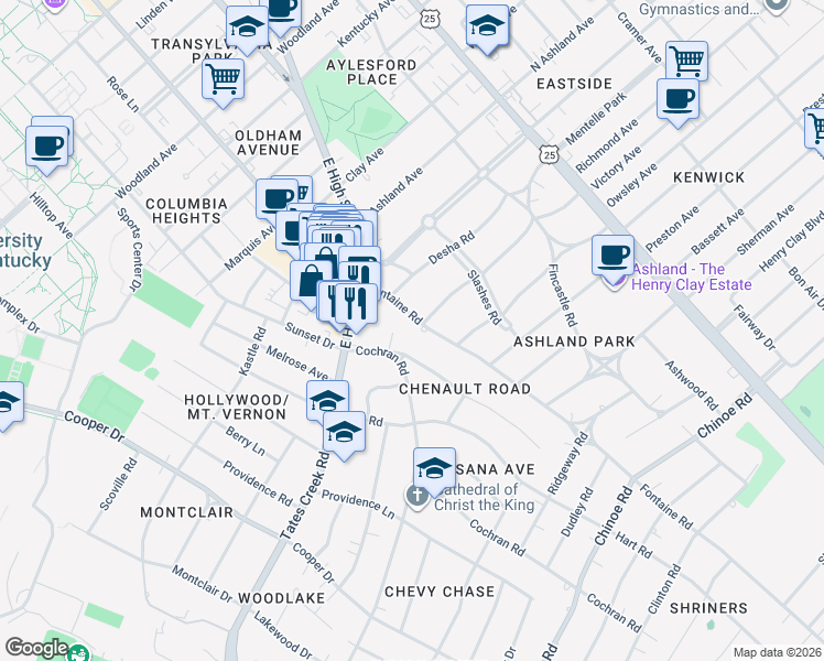 map of restaurants, bars, coffee shops, grocery stores, and more near 1108 Fontaine Road in Lexington