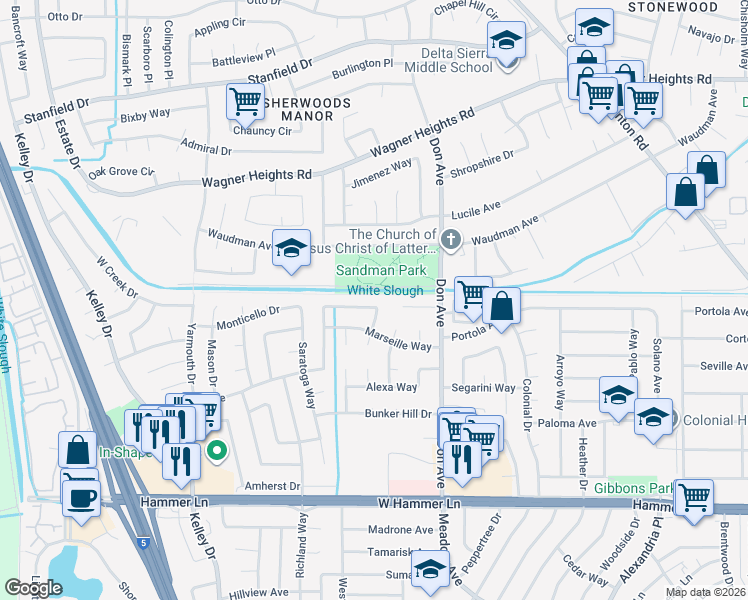 map of restaurants, bars, coffee shops, grocery stores, and more near 2653 Javete Way in Stockton