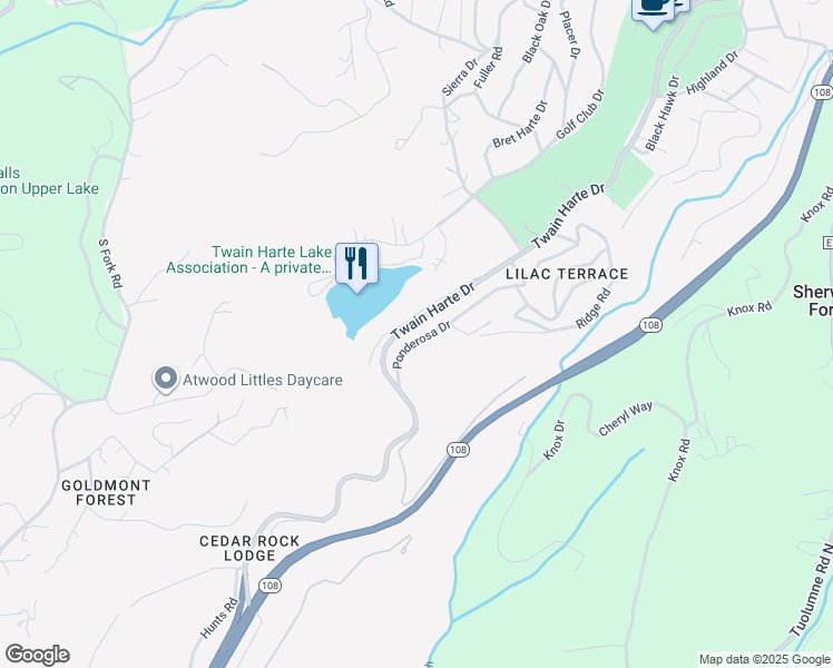 map of restaurants, bars, coffee shops, grocery stores, and more near 22369 Ponderosa Drive in Twain Harte