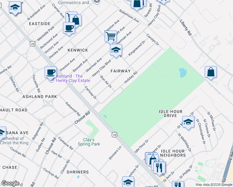 map of restaurants, bars, coffee shops, grocery stores, and more near 250 Holiday Rd in Lexington