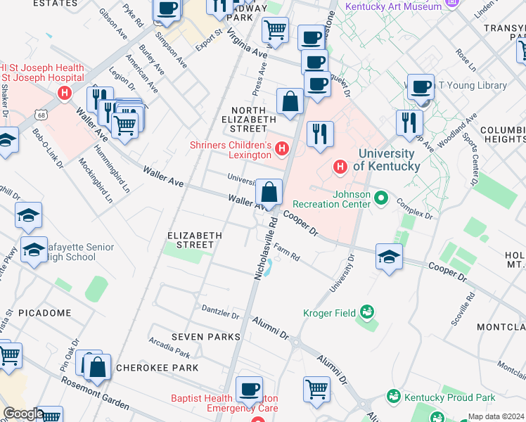 map of restaurants, bars, coffee shops, grocery stores, and more near 110 Waller Avenue in Lexington