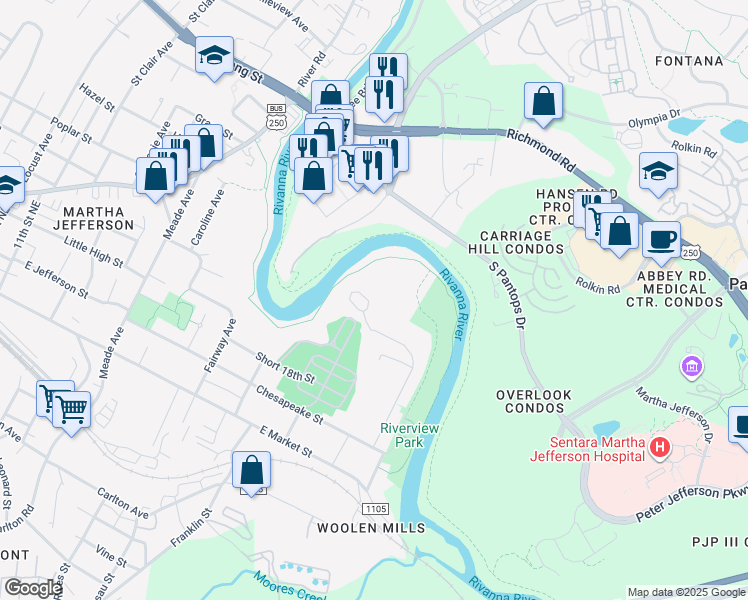 map of restaurants, bars, coffee shops, grocery stores, and more near 106 Riverbluff Cir in Charlottesville