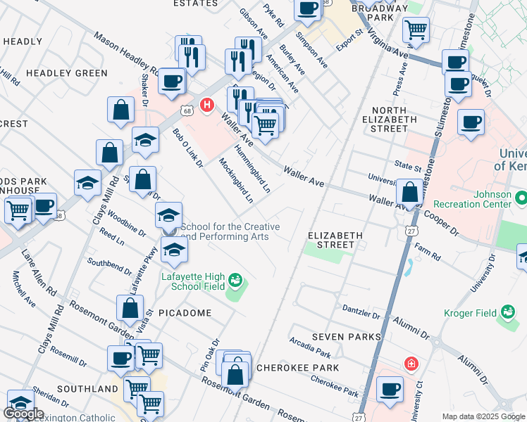 map of restaurants, bars, coffee shops, grocery stores, and more near 288 Mockingbird Lane in Lexington