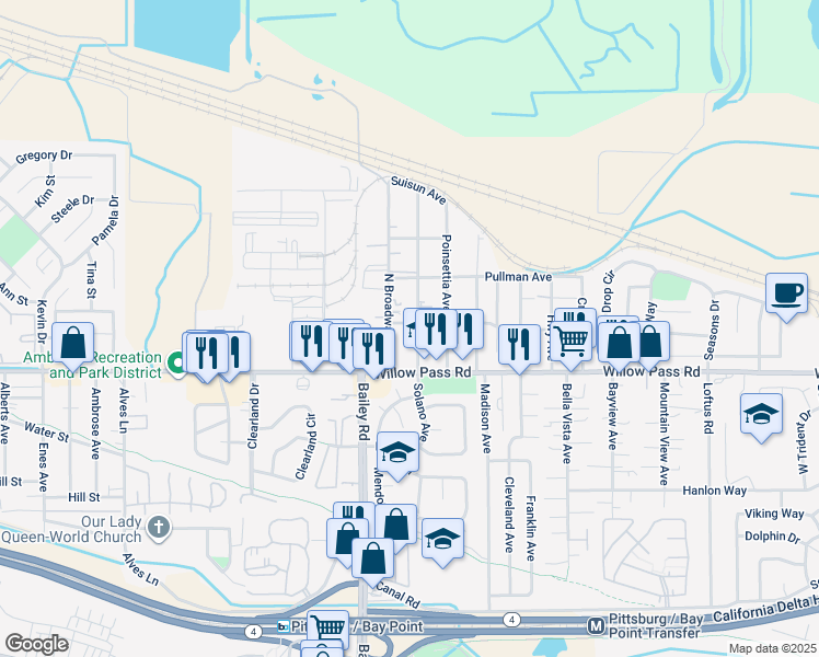 map of restaurants, bars, coffee shops, grocery stores, and more near 40 Solano Avenue in Bay Point