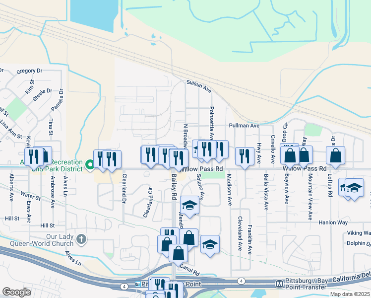 map of restaurants, bars, coffee shops, grocery stores, and more near 38 North Broadway Avenue in Bay Point