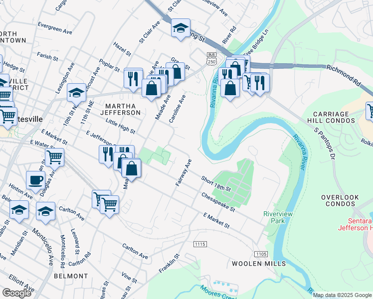 map of restaurants, bars, coffee shops, grocery stores, and more near 402 Fairway Avenue in Charlottesville