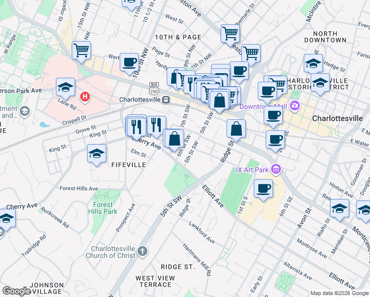 map of restaurants, bars, coffee shops, grocery stores, and more near 337 6th Street Southwest in Charlottesville
