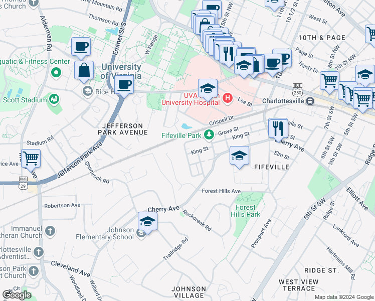 map of restaurants, bars, coffee shops, grocery stores, and more near 305 Paton Street in Charlottesville
