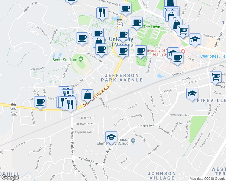 map of restaurants, bars, coffee shops, grocery stores, and more near 1800 Jefferson Park Avenue in Charlottesville