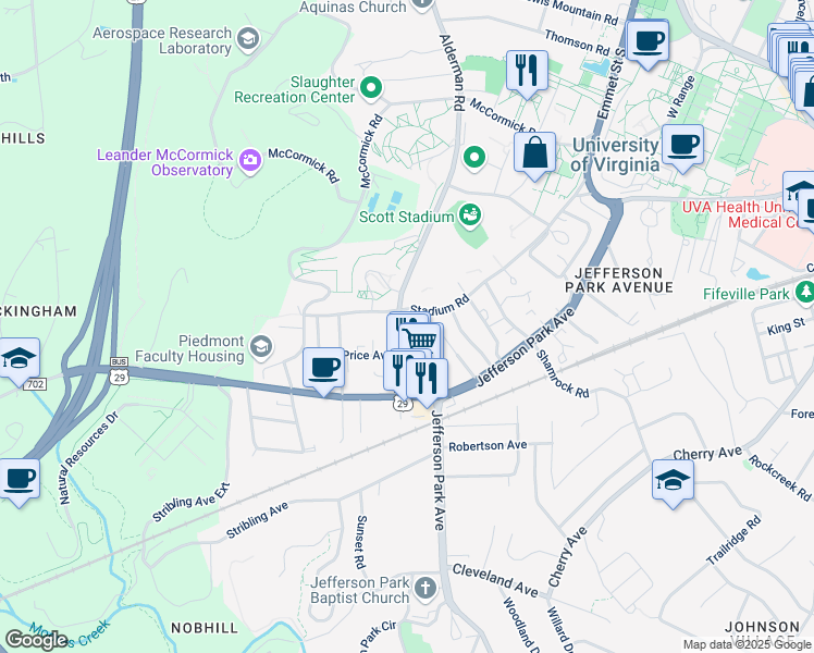 map of restaurants, bars, coffee shops, grocery stores, and more near 210 Maury Avenue in Charlottesville