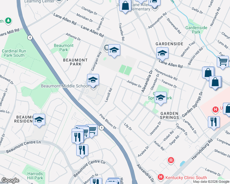 map of restaurants, bars, coffee shops, grocery stores, and more near 2140 Lansill Road in Lexington