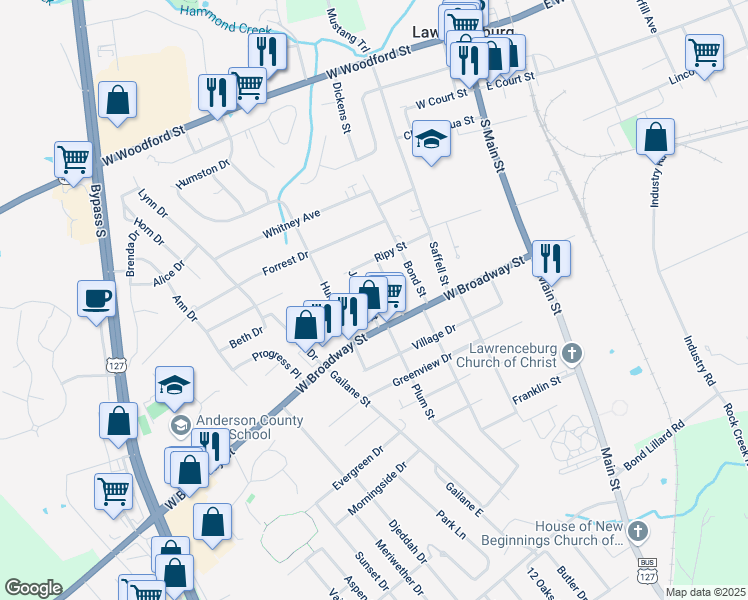 map of restaurants, bars, coffee shops, grocery stores, and more near 102 Johnson Street in Lawrenceburg
