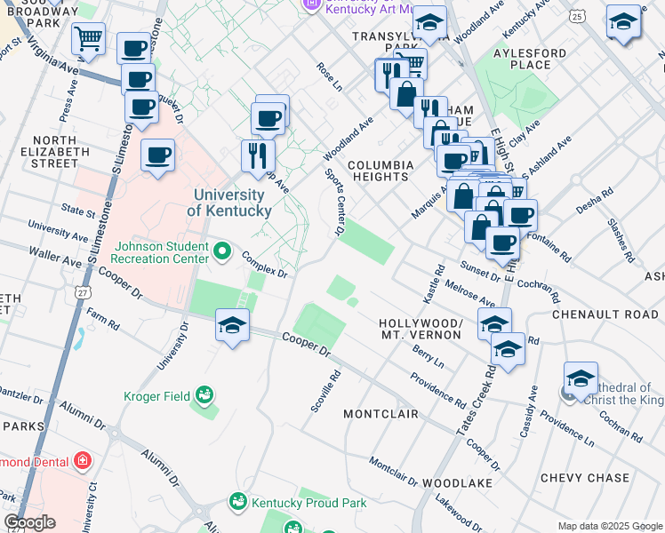 map of restaurants, bars, coffee shops, grocery stores, and more near Claiborne Way in Lexington