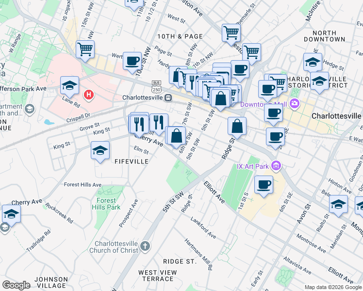 map of restaurants, bars, coffee shops, grocery stores, and more near 337 6th Street Southwest in Charlottesville
