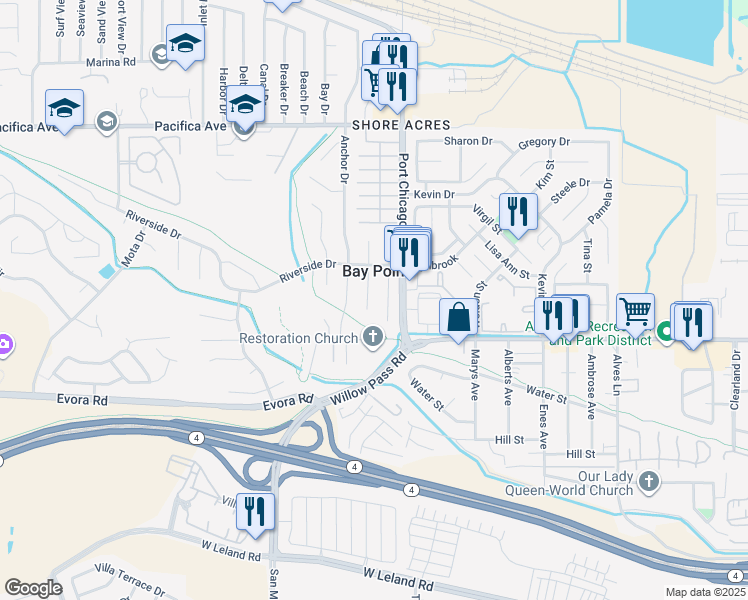 map of restaurants, bars, coffee shops, grocery stores, and more near 215 San Bernardino Court in Bay Point