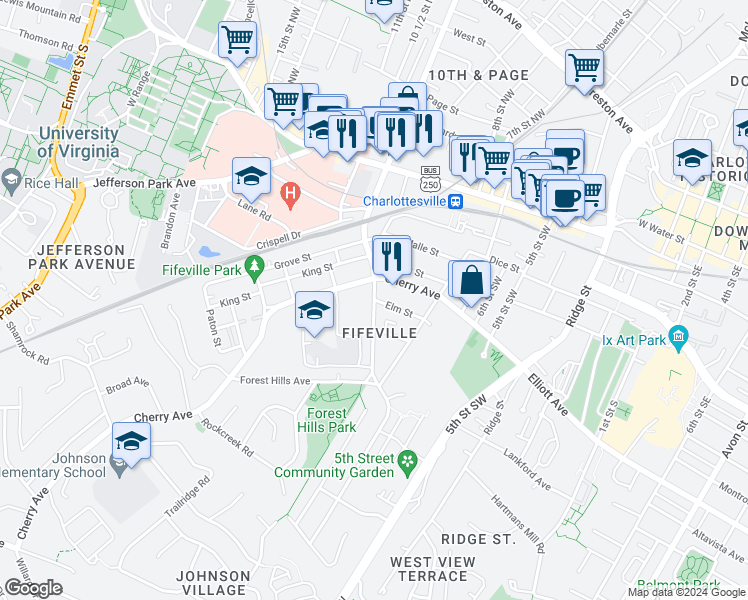 map of restaurants, bars, coffee shops, grocery stores, and more near 517 9th Street Southwest in Charlottesville
