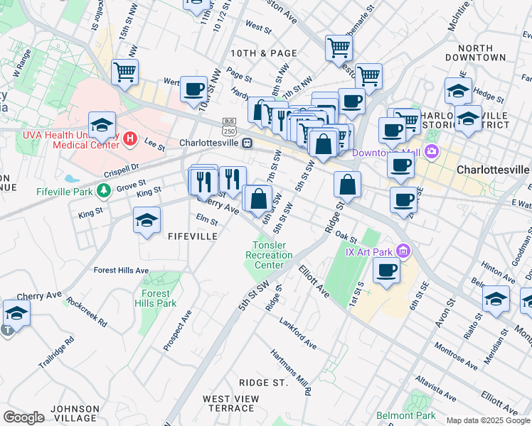 map of restaurants, bars, coffee shops, grocery stores, and more near 335 6th Street Southwest in Charlottesville