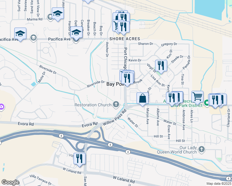 map of restaurants, bars, coffee shops, grocery stores, and more near 215 San Bernardino Court in Bay Point