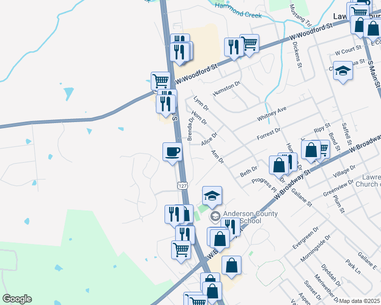 map of restaurants, bars, coffee shops, grocery stores, and more near 116 Brenda Drive in Lawrenceburg