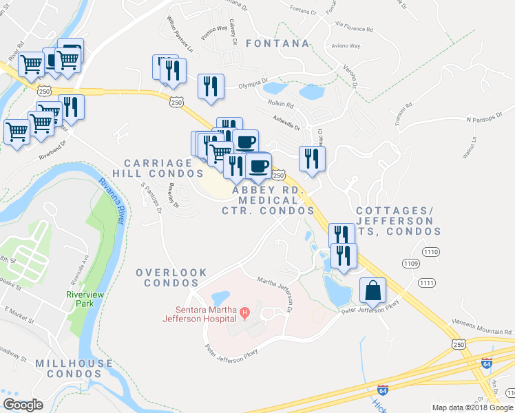 map of restaurants, bars, coffee shops, grocery stores, and more near 304 Hickman Road in Charlottesville