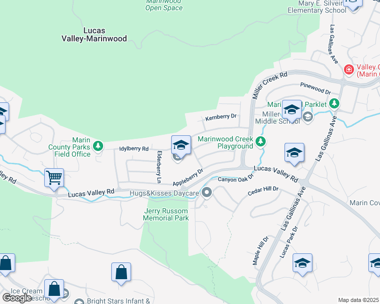 map of restaurants, bars, coffee shops, grocery stores, and more near 2163 Danberry Lane in San Rafael