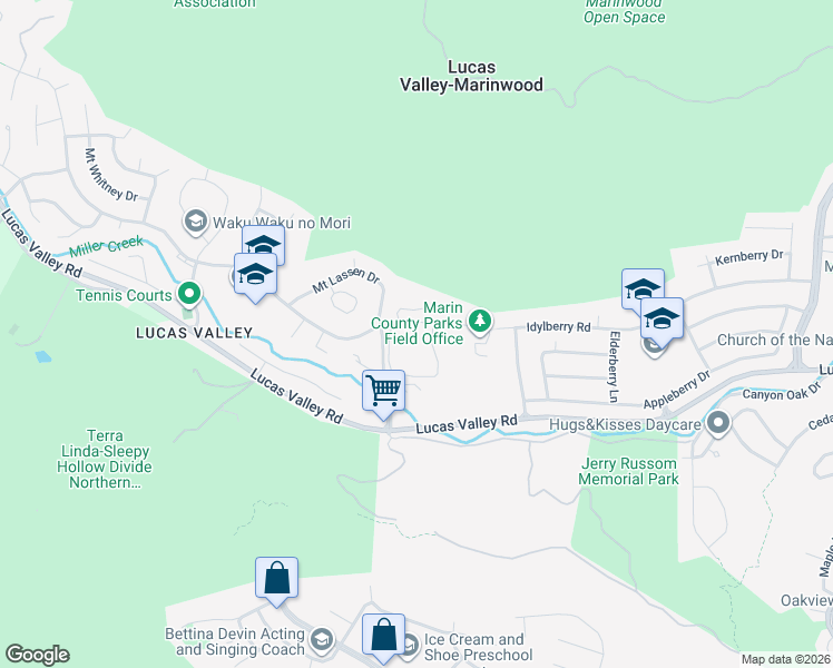 map of restaurants, bars, coffee shops, grocery stores, and more near 10 Jeannette Prandi Way in San Rafael