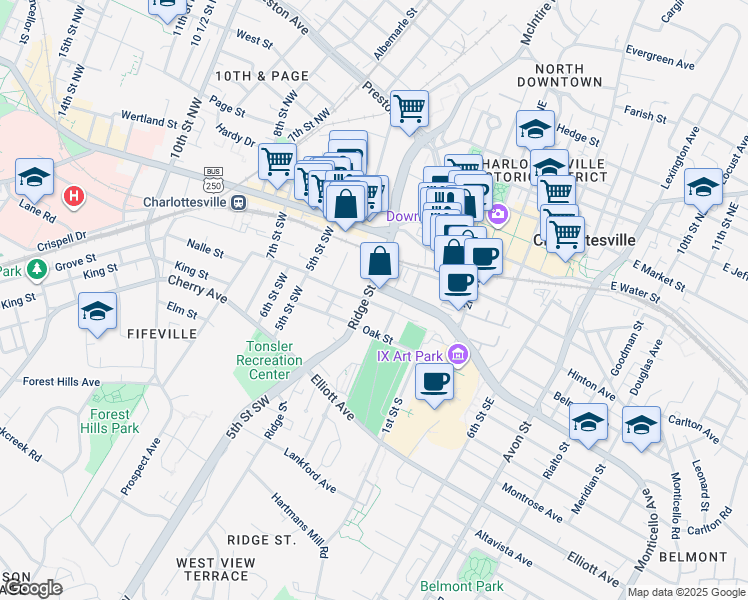 map of restaurants, bars, coffee shops, grocery stores, and more near 207 Dice Street in Charlottesville