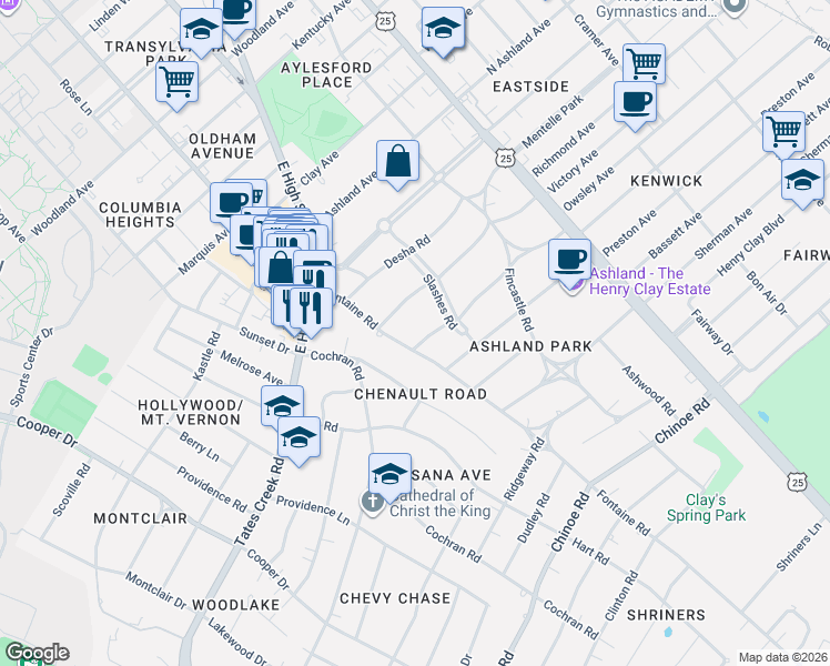 map of restaurants, bars, coffee shops, grocery stores, and more near 329 McDowell Road in Lexington