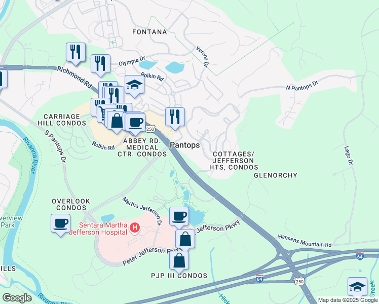 map of restaurants, bars, coffee shops, grocery stores, and more near 1470 Pantops Mountain Place in Charlottesville