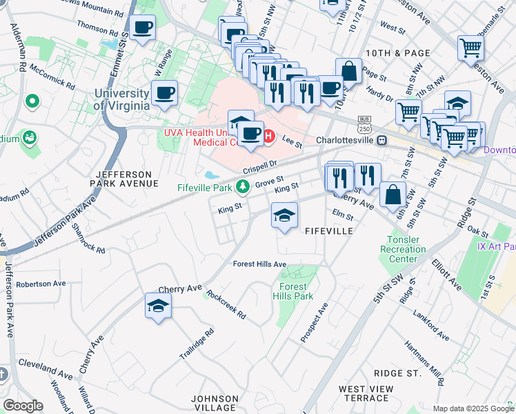 map of restaurants, bars, coffee shops, grocery stores, and more near 1107 Cherry Avenue in Charlottesville
