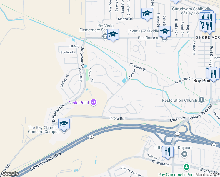 map of restaurants, bars, coffee shops, grocery stores, and more near 436 Azores Circle in Bay Point