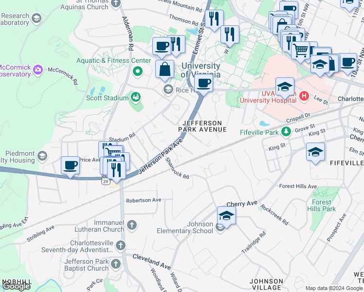 map of restaurants, bars, coffee shops, grocery stores, and more near Kent Terrace in Charlottesville