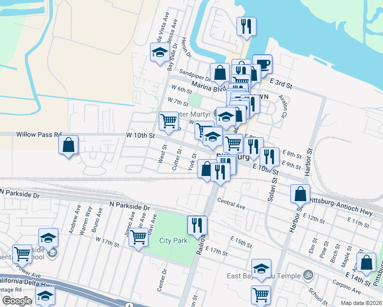 map of restaurants, bars, coffee shops, grocery stores, and more near 148 West 11th Street in Pittsburg