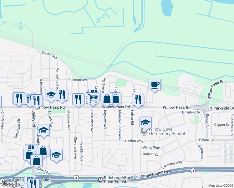 map of restaurants, bars, coffee shops, grocery stores, and more near 224 Babbling Brook Way in Pittsburg
